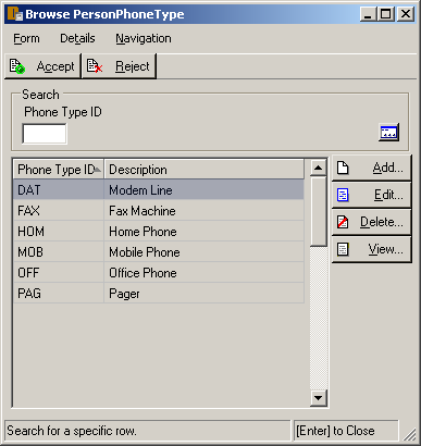 Sample Application - Browse Person - Phone Type