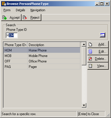 Sample Application - Browse Person - Phone Type - Search