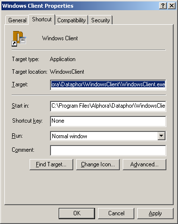 Windows Client Properties - Shortcut